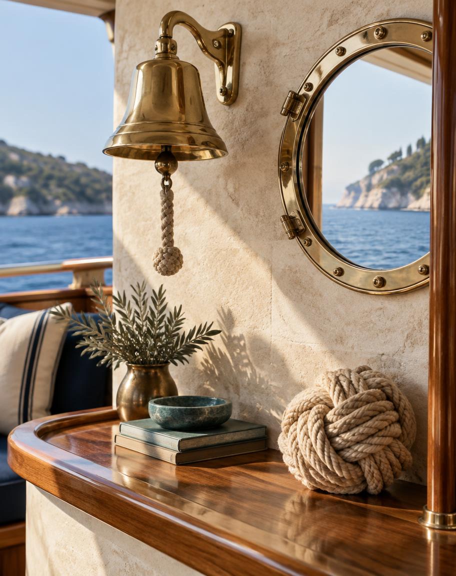 Illustrative brass ship bell and porthole mirror in a yacht interior