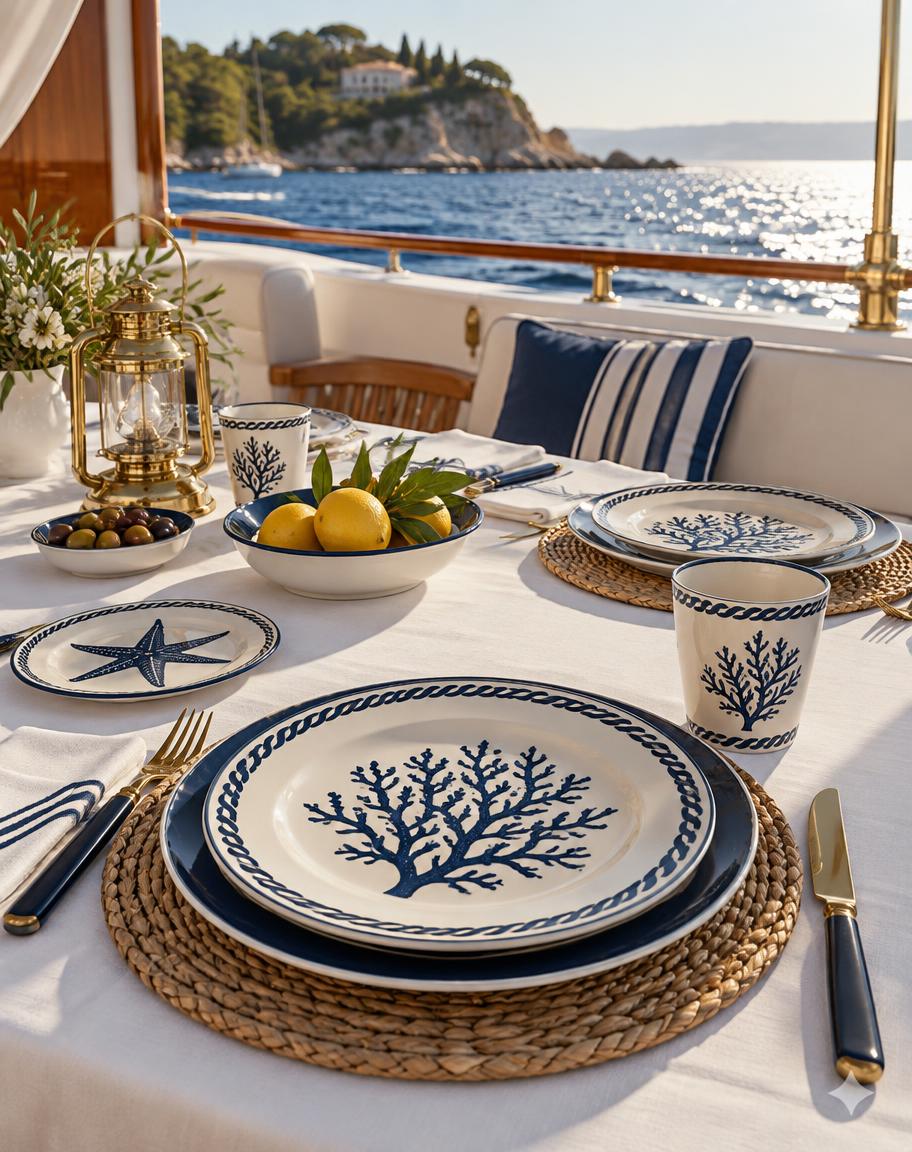 Illustrative marine-inspired tableware laid on a yacht deck