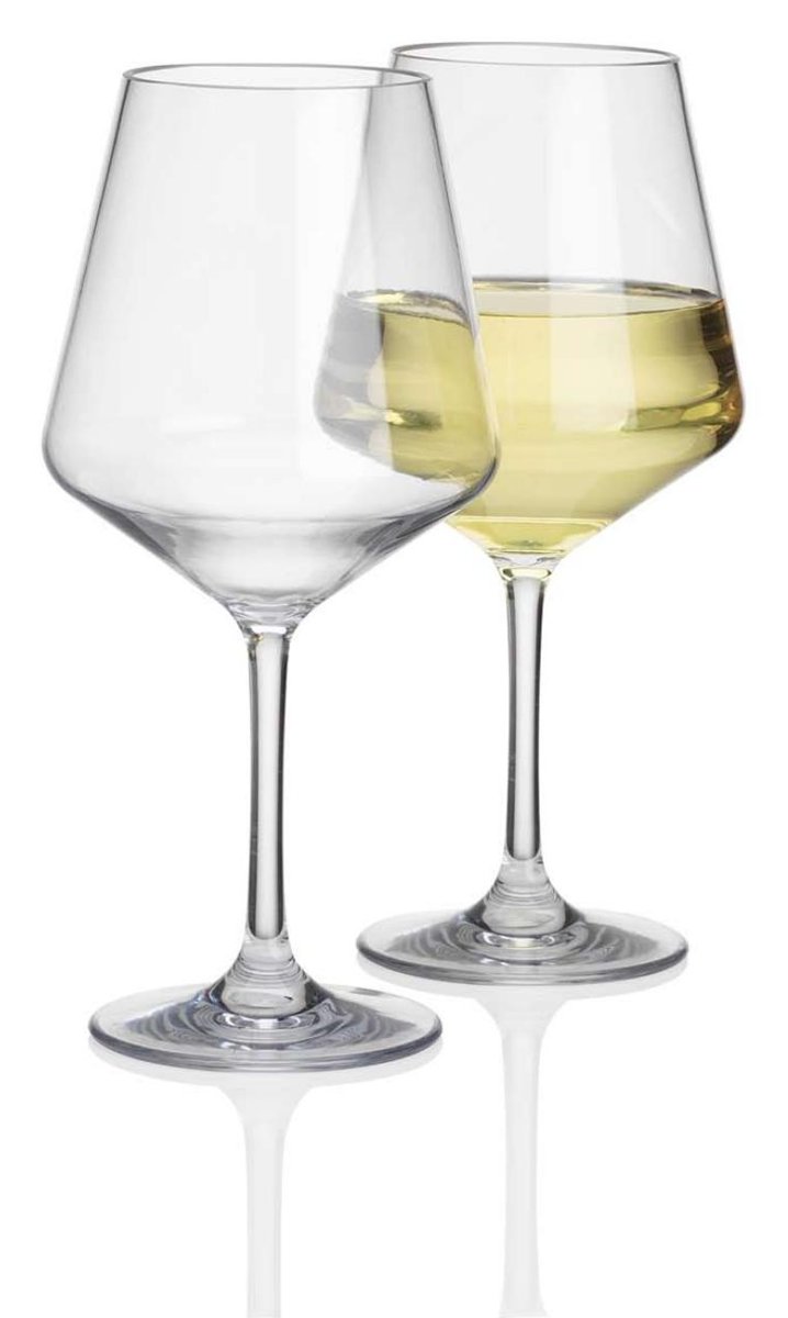 Two clear wine glasses, one with white wine