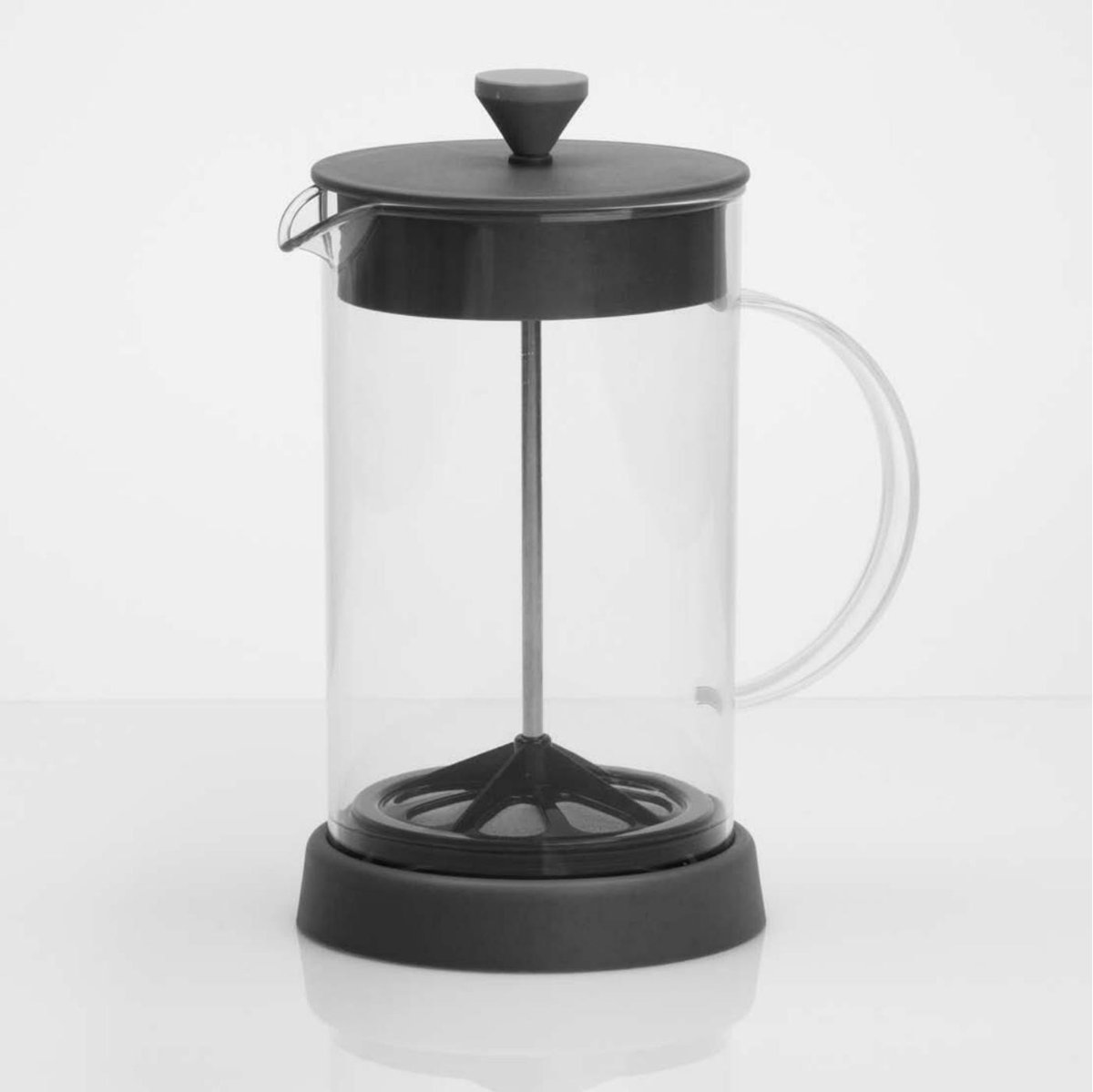 Clear French press coffee maker with black lid